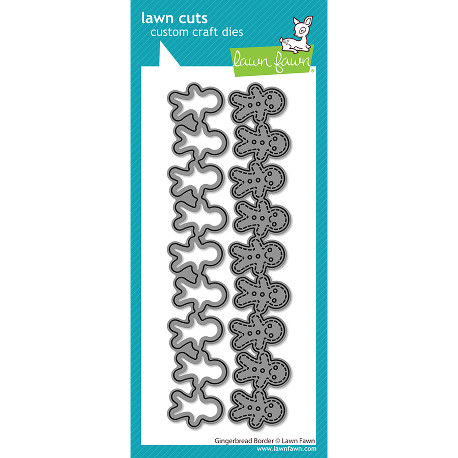Lawn Fawn gingerbread man die set in a teal and white retail card package, showing multiple metal cutting dies arranged vertically. Lawn Fawn Gingerbread Border Dies