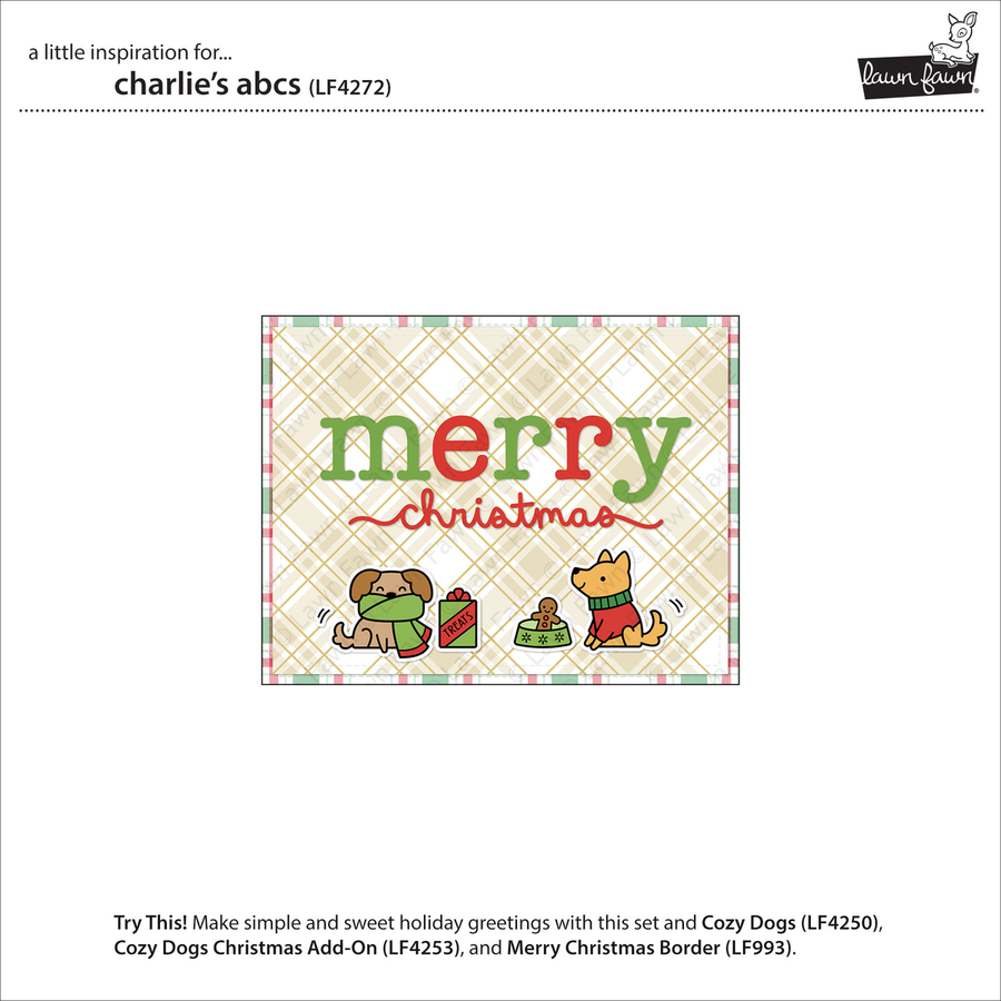 A holiday greeting card design preview on a white page. The central card reads 'merry christmas' in green and red lettering, with small cartoon animals and gifts below. Lawn Fawn Charlie's ABC's Dies