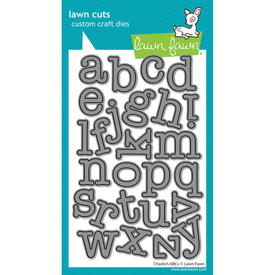 Lawn Fawn alphabet letter die set in a white package with a teal border. The package shows multiple metal alphabet cutters from A to Z, including some stylized letters like 8, m, and x. Lawn Fawn Charlie's ABC's Dies