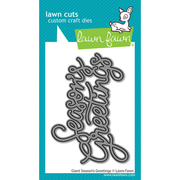 Lawn Fawn custom craft dies featuring the phrase 'Giant Season's Greetings' in a decorative cursive font, shown on its retail packaging card. Lawn Fawn Giant Season's Greetings Dies