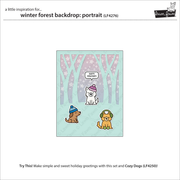 A product listing card for a winter forest backdrop in portrait orientation. The card features a central illustration of three dogs in a snowy forest with pink-tinted trees and a speech bubble reading 'Happy Holidays.