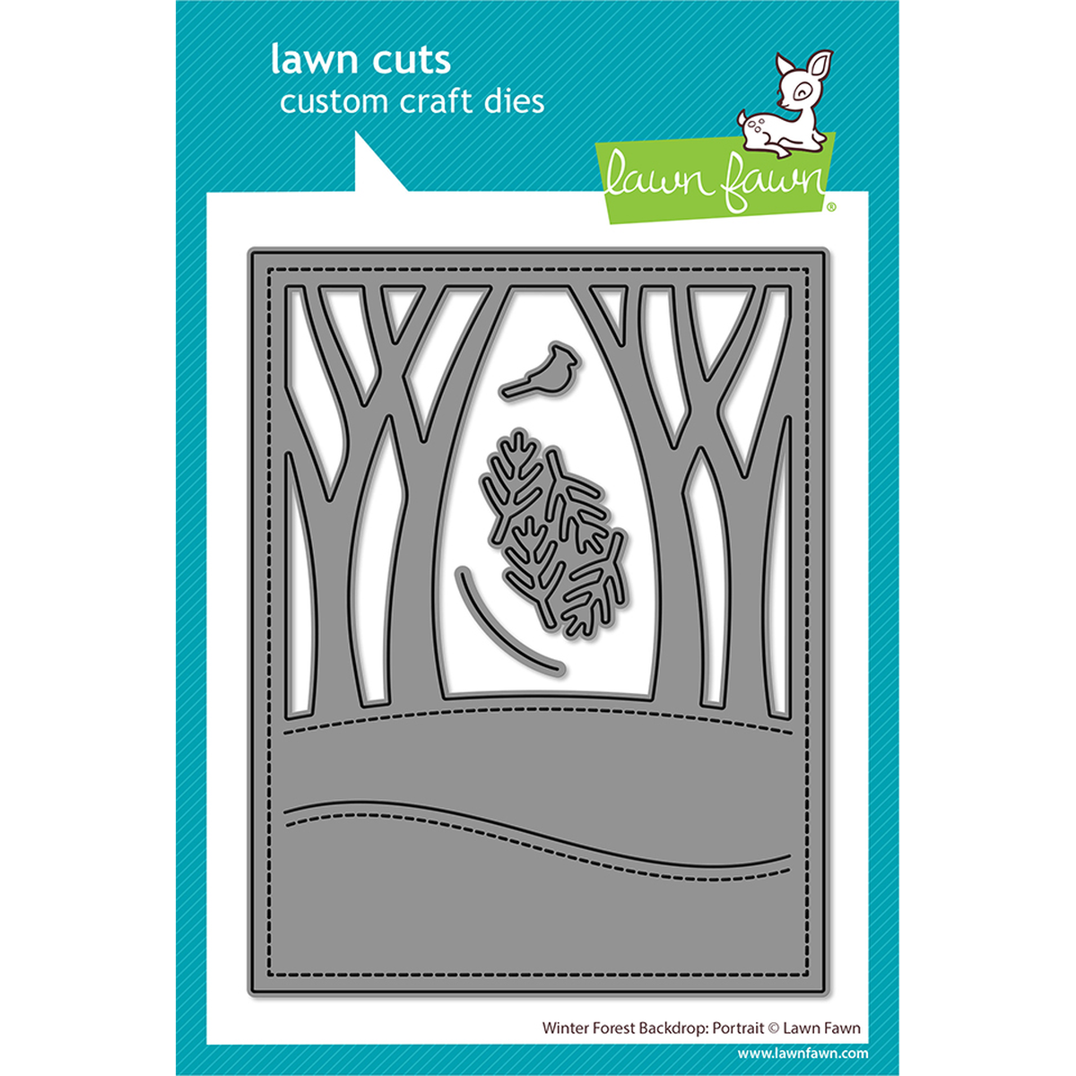 Lawn Fawn custom craft dies set for a winter forest backdrop, featuring a landscape design with trees, a bird, and a leafy branch. The product is shown as a gray metal die cut on a white sheet, mounted on a bright teal backing card with the Lawn Fawn logo. Lawn Fawn Winter Forest Backdrop: Portrait Dies