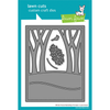 Lawn Fawn custom craft dies set for a winter forest backdrop, featuring a landscape design with trees, a bird, and a leafy branch. The product is shown as a gray metal die cut on a white sheet, mounted on a bright teal backing card with the Lawn Fawn logo. Lawn Fawn Winter Forest Backdrop: Portrait Dies