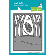 Lawn Fawn custom craft dies set for a winter forest backdrop, featuring a landscape design with trees, a bird, and a leafy branch. The product is shown as a gray metal die cut on a white sheet, mounted on a bright teal backing card with the Lawn Fawn logo. Lawn Fawn Winter Forest Backdrop: Portrait Dies
