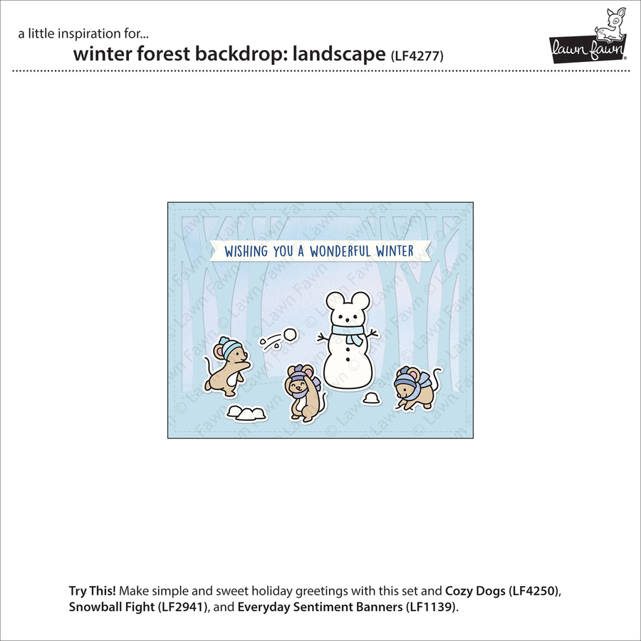 A product listing page showing a winter forest themed stamp or card design. The central artwork features a light blue background with faint tree silhouettes, a white banner reading 'WISHING YOU A WONDERFUL WINTER,' a white snowman, and three cartoon dogs wearing blue winter hats and scarves. Lawn Fawn Winter Forest Backdrop: Landscape Die