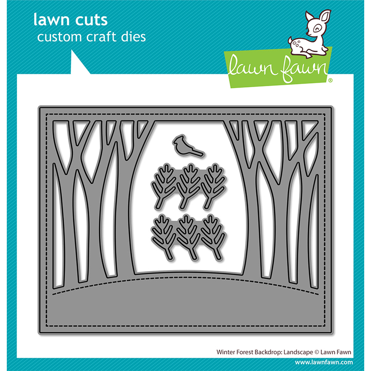 Lawn Fawn custom craft dies for a winter forest landscape, featuring a metal die set with tree trunks, branches, and a bird on a white cardstock backing with a teal brand border. Lawn Fawn Winter Forest Backdrop: Landscape Die