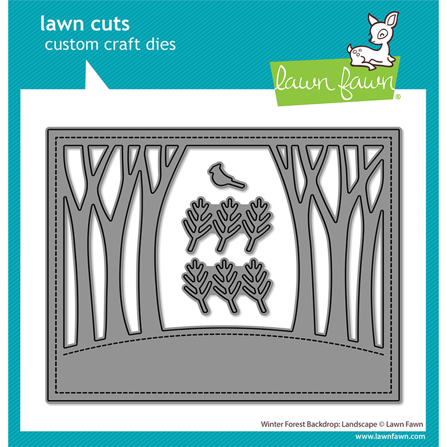 Lawn Fawn custom craft dies for a winter forest landscape, featuring a metal die set with tree trunks, branches, and a bird on a white cardstock backing with a teal brand border. Lawn Fawn Winter Forest Backdrop: Landscape Die