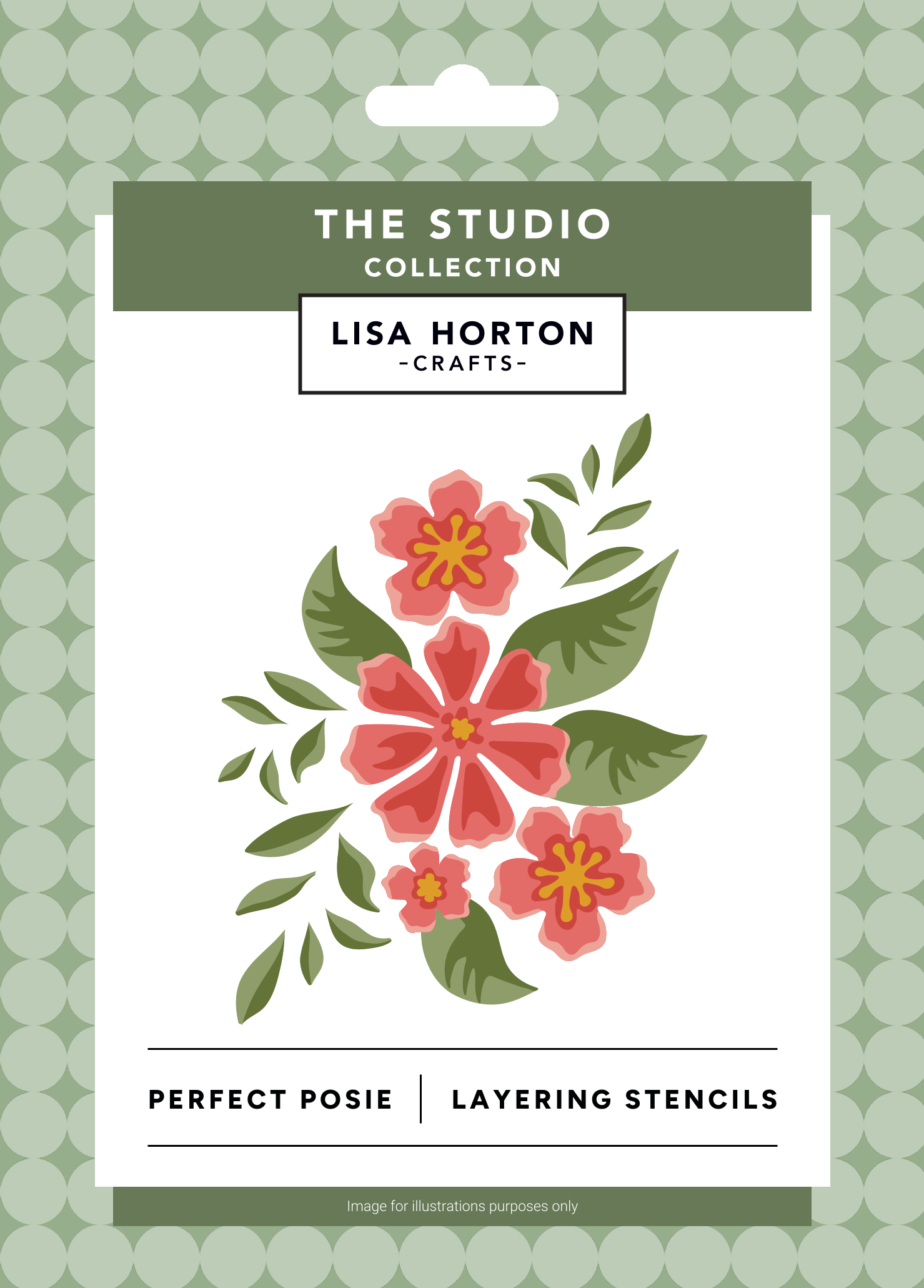 Lisa Horton Crafts 'The Studio Collection' Perfect Posie Layering Stencils packaging card, featuring a floral design of pink and red hibiscus flowers with green leaves on a white card with a green patterned border.