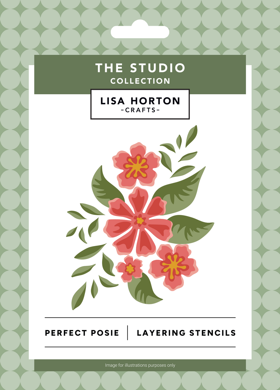Lisa Horton Crafts 'The Studio Collection' Perfect Posie Layering Stencils packaging card, featuring a floral design of pink and red hibiscus flowers with green leaves on a white card with a green patterned border.