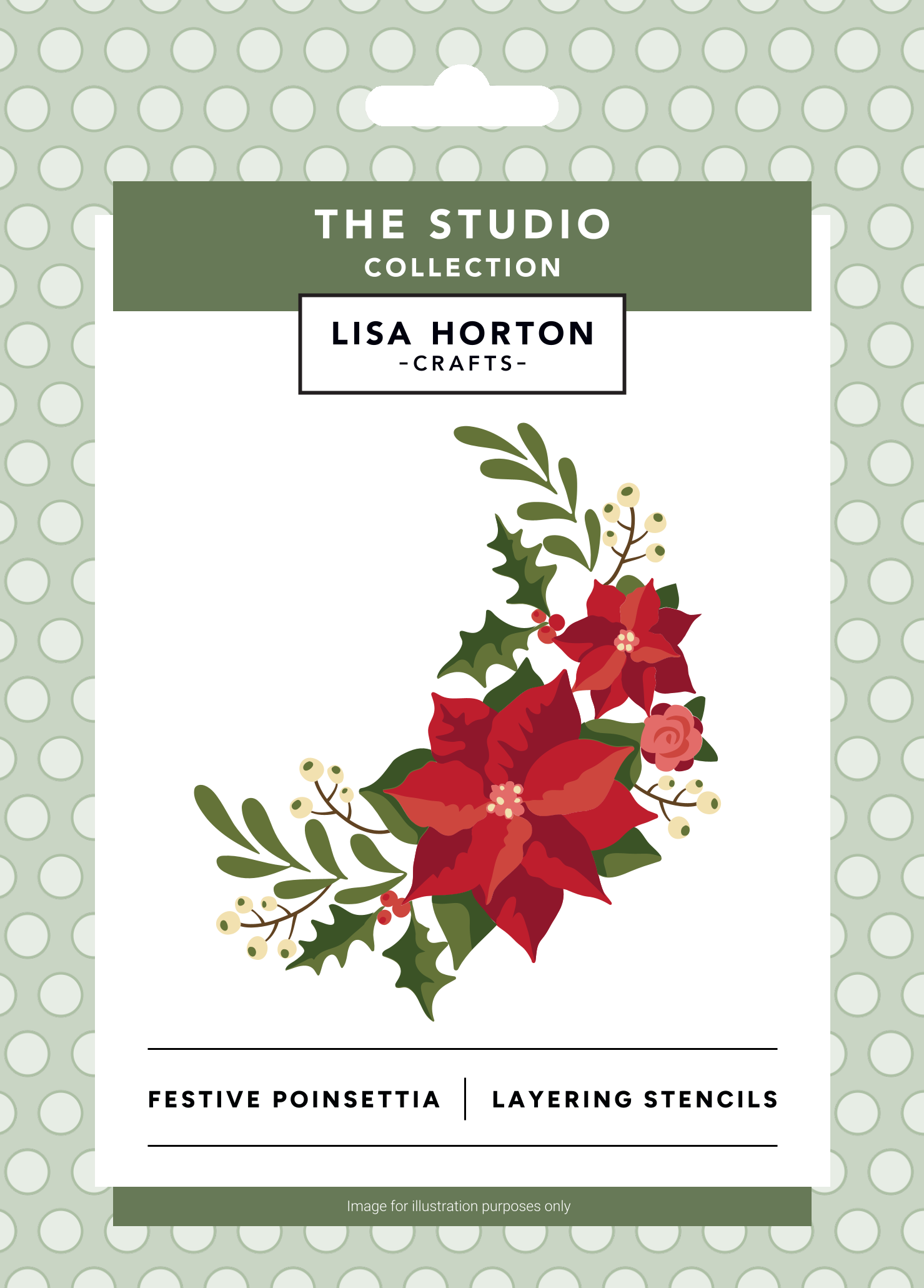 Lisa Horton Crafts 'Festive Poinsettia' layering stencils from The Studio Collection, featuring a festive poinsettia and holly design on a white card with a green polka-dot border.
