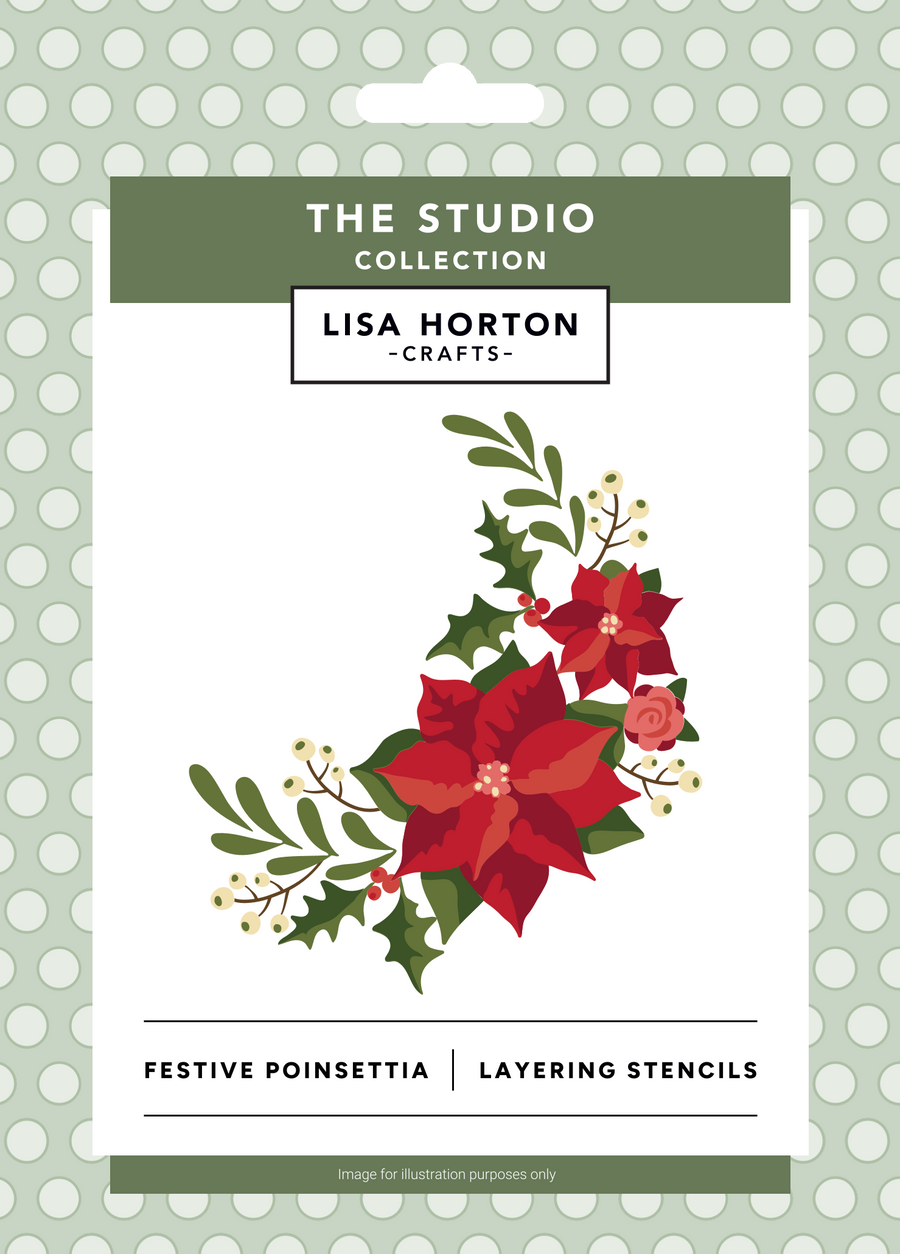 Lisa Horton Crafts 'Festive Poinsettia' layering stencils from The Studio Collection, featuring a festive poinsettia and holly design on a white card with a green polka-dot border.