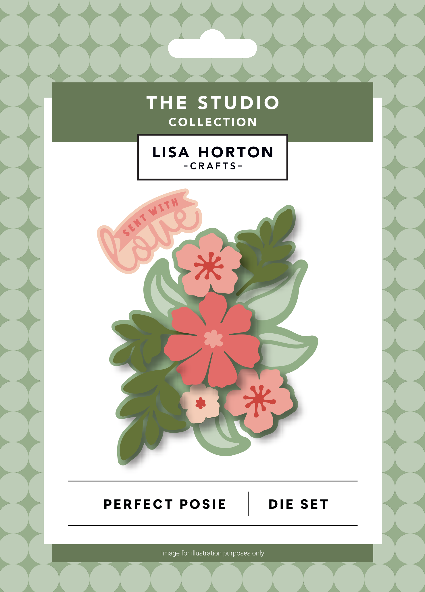 Lisa Horton Crafts 'Perfect Posie' die set in its retail packaging, featuring layered paper flowers and leaves in coral pink, sage green, and white, with a 'Send with love' sticker on the card.