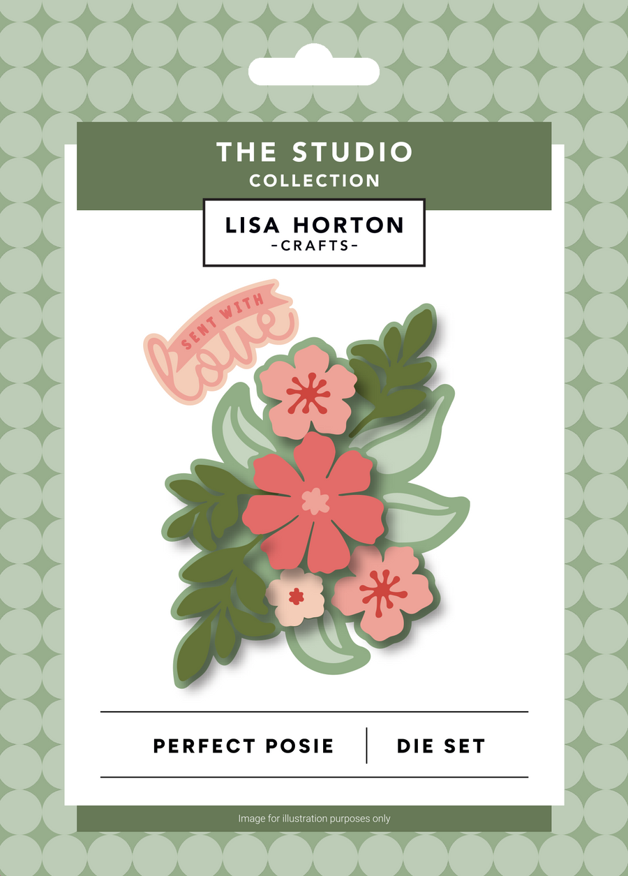 Lisa Horton Crafts 'Perfect Posie' die set in its retail packaging, featuring layered paper flowers and leaves in coral pink, sage green, and white, with a 'Send with love' sticker on the card.