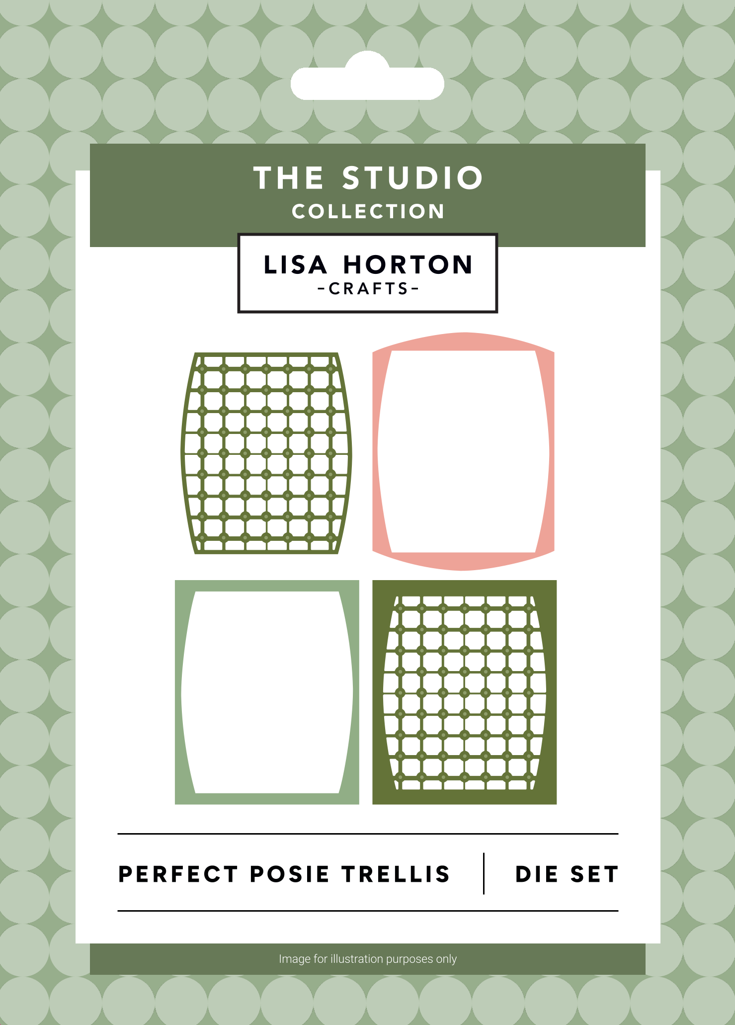 Lisa Horton Crafts 'Perfect Posie Trellis' die set packaging, featuring four square die-cut templates with trellis patterns in sage green and dusty pink on a white card, set against a light green patterned background.