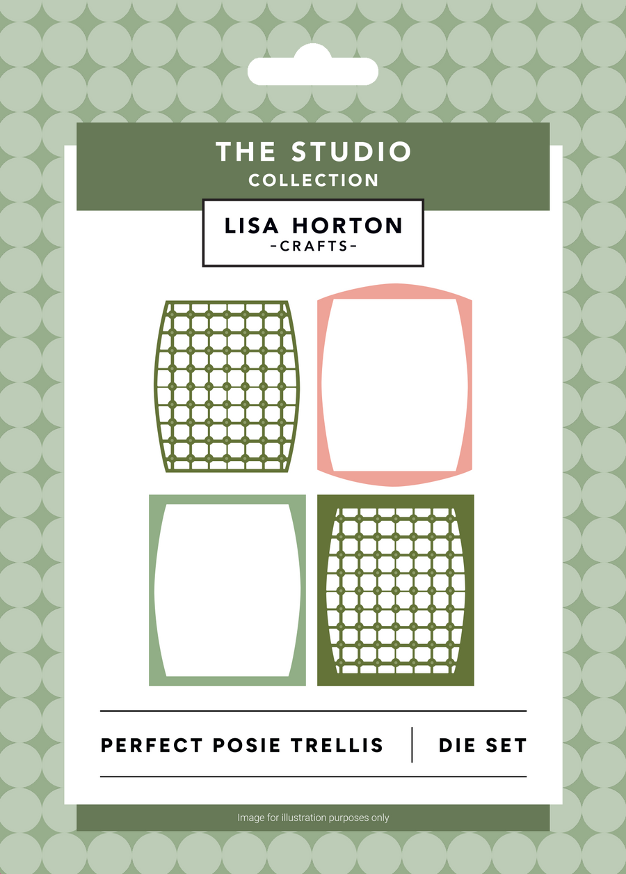 Lisa Horton Crafts 'Perfect Posie Trellis' die set packaging, featuring four square die-cut templates with trellis patterns in sage green and dusty pink on a white card, set against a light green patterned background.
