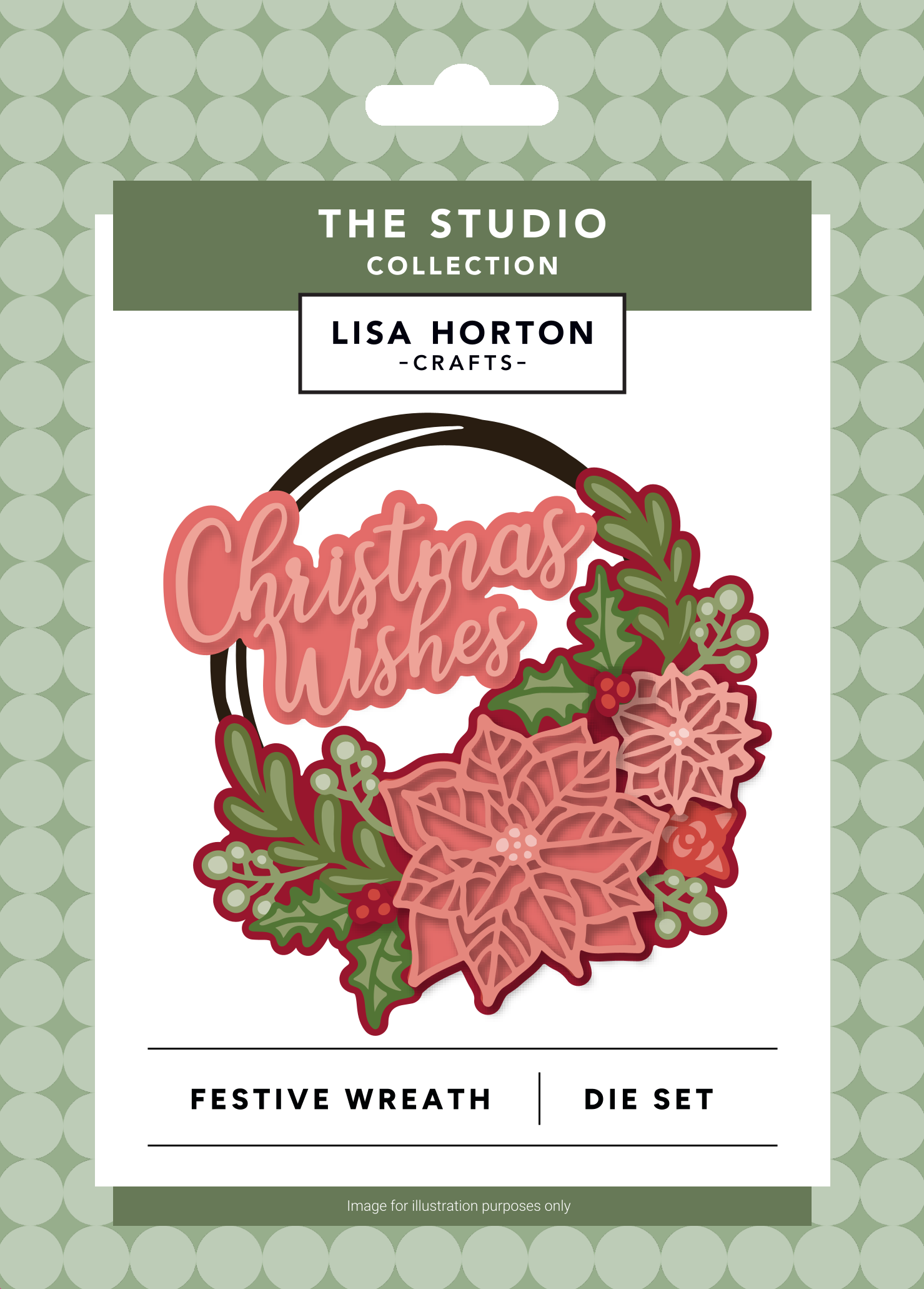 Lisa Horton Crafts 'Festive Wreath' die set in its retail packaging, featuring a pink and red layered wreath with green holly and the words 'Christmas Wishes' in pink script.