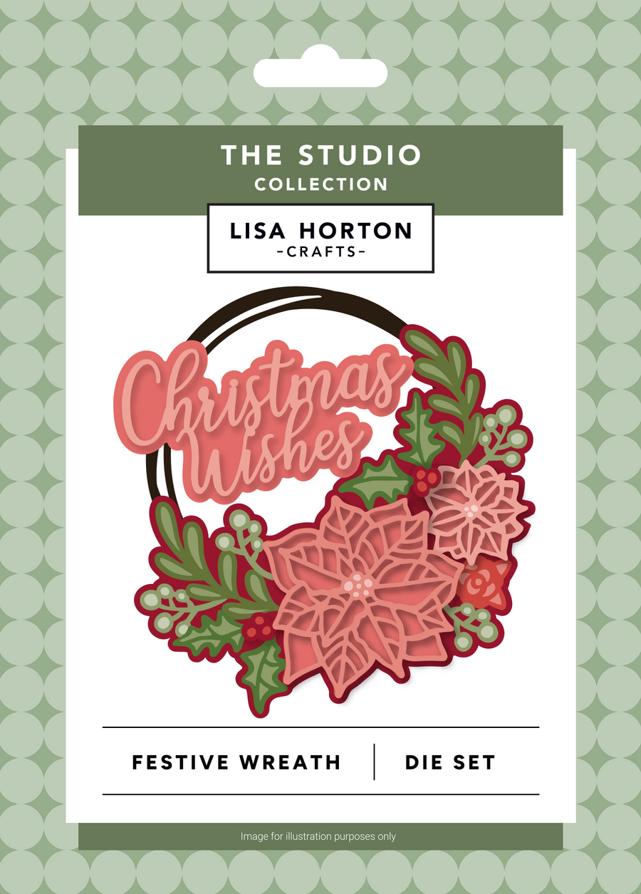 Lisa Horton Crafts 'Festive Wreath' die set in its retail packaging, featuring a pink and red layered wreath with green holly and the words 'Christmas Wishes' in pink script.