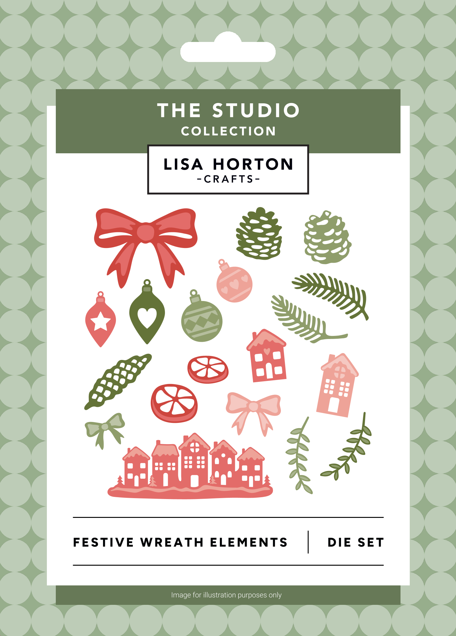 Lisa Horton Crafts 'Festive Wreath Elements' die set in its retail packaging, featuring Christmas-themed illustrations like bows, pinecones, ornaments, and houses on a white card with a green patterned border.