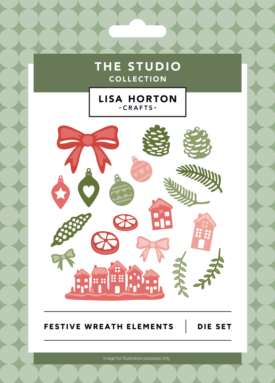 Lisa Horton Crafts 'Festive Wreath Elements' die set in its retail packaging, featuring Christmas-themed illustrations like bows, pinecones, ornaments, and houses on a white card with a green patterned border.