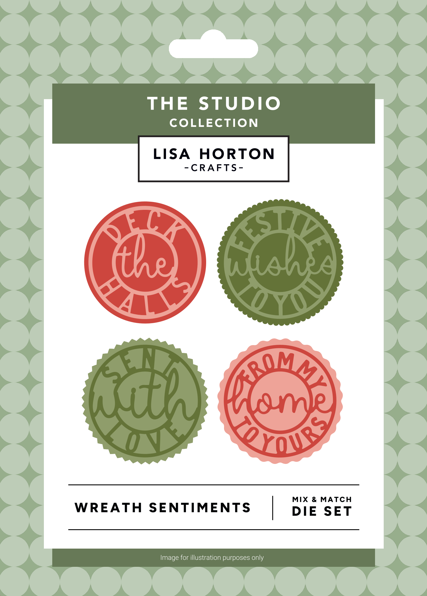 Lisa Horton Crafts 'Wreath Sentiments' die set in its retail packaging, featuring four circular wreath-shaped metal dies in red and green with festive phrases like 'Deck the Halls' and 'Festive Wishes'.