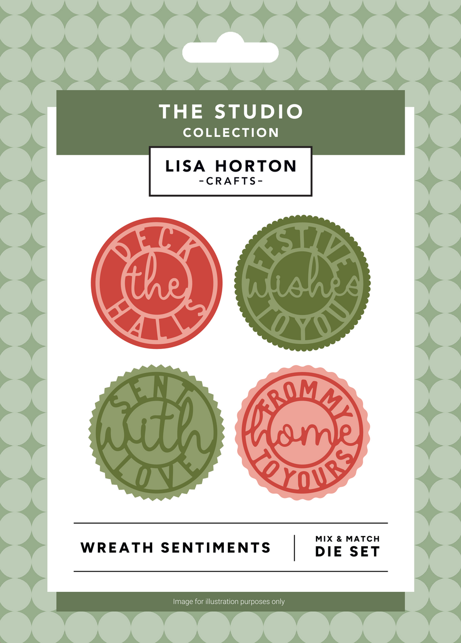 Lisa Horton Crafts 'Wreath Sentiments' die set in its retail packaging, featuring four circular wreath-shaped metal dies in red and green with festive phrases like 'Deck the Halls' and 'Festive Wishes'.