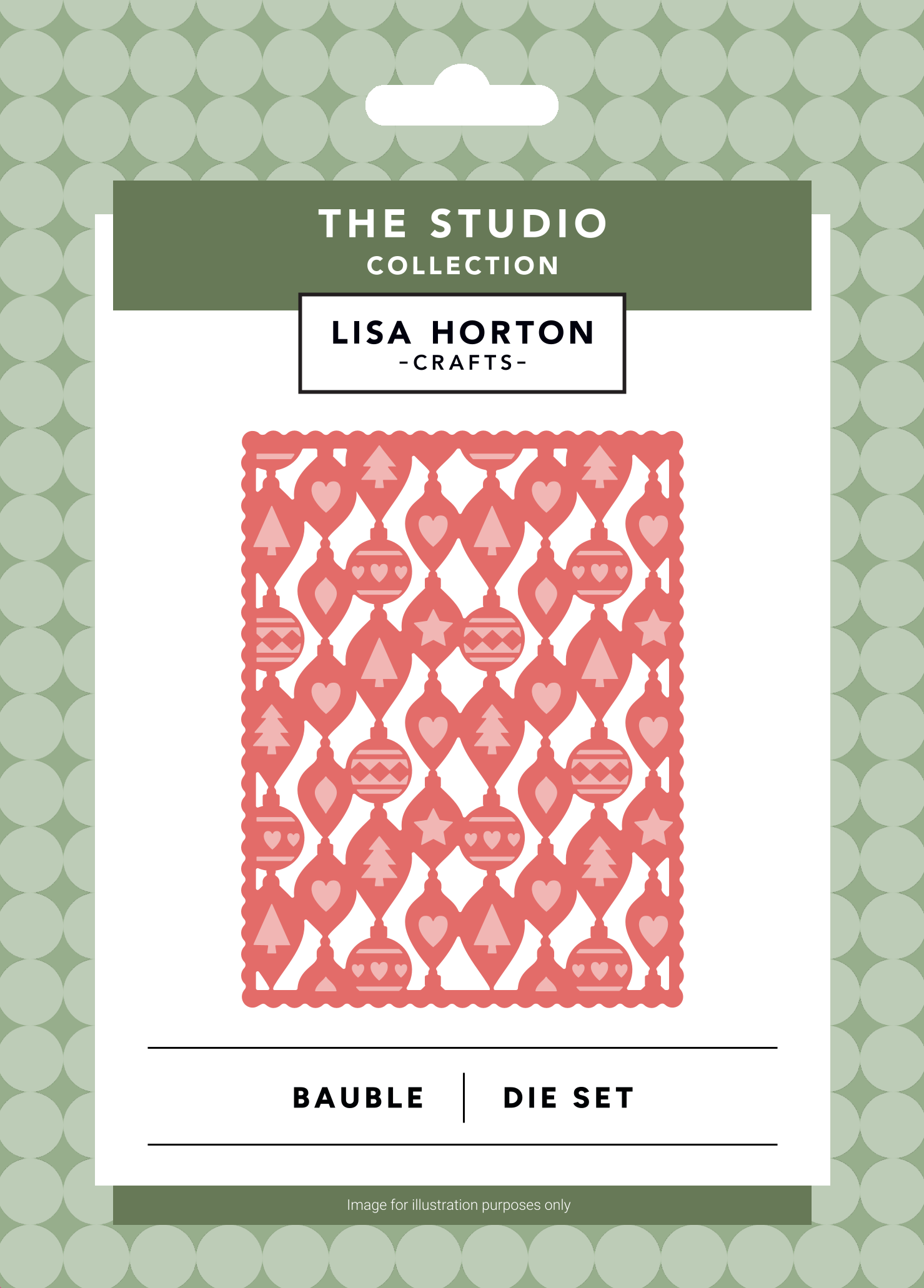 Lisa Horton Crafts 'Bauble' Die Set packaging card, featuring a coral pink pattern of hanging ornaments on a white card with green header and footer bands, set against a green patterned background.