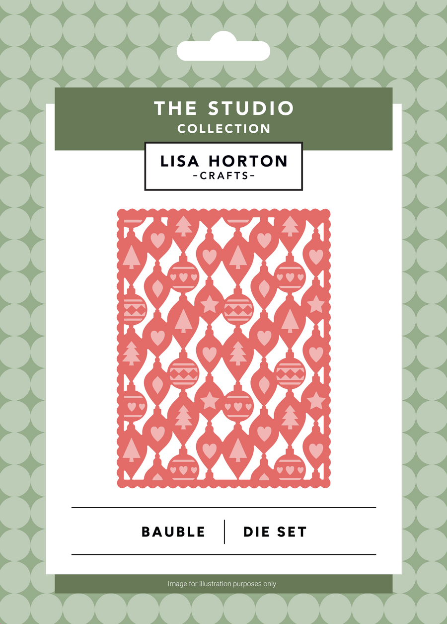 Lisa Horton Crafts 'Bauble' Die Set packaging card, featuring a coral pink pattern of hanging ornaments on a white card with green header and footer bands, set against a green patterned background.