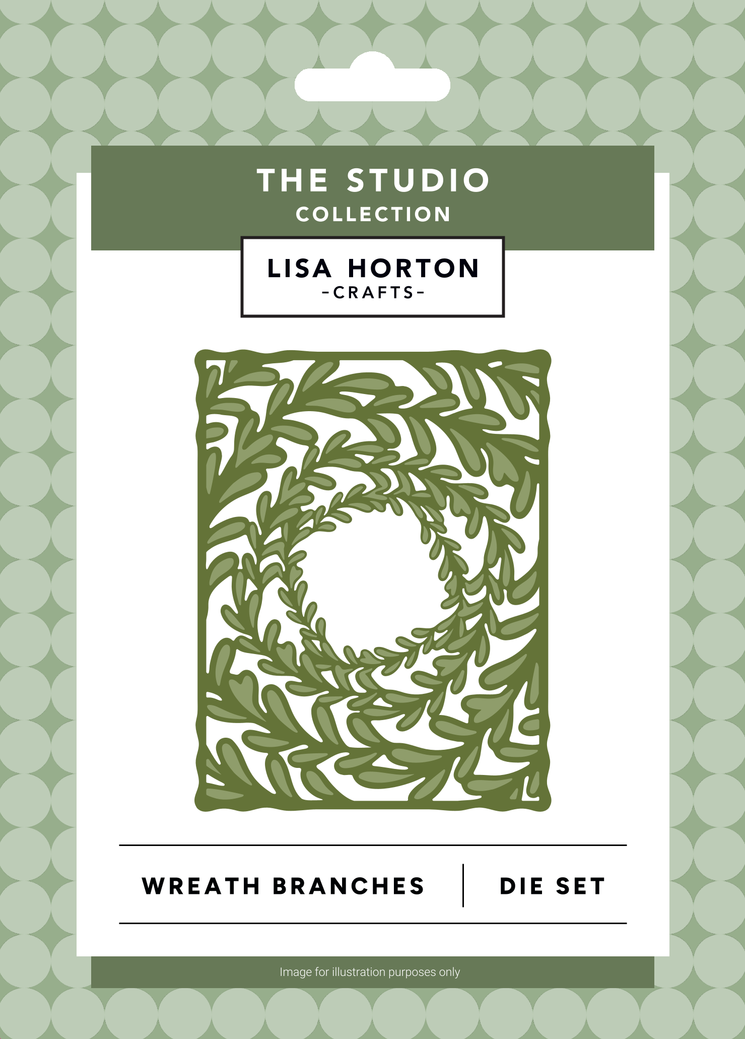 Lisa Horton Crafts 'Wreath Branches' die set in its original retail packaging, featuring a green leafy wreath design on a white card with a green patterned background.