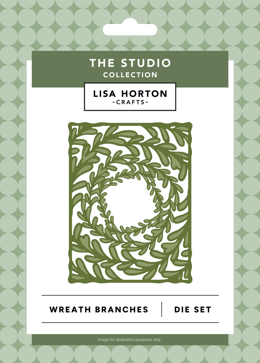 Lisa Horton Crafts 'Wreath Branches' die set in its original retail packaging, featuring a green leafy wreath design on a white card with a green patterned background.