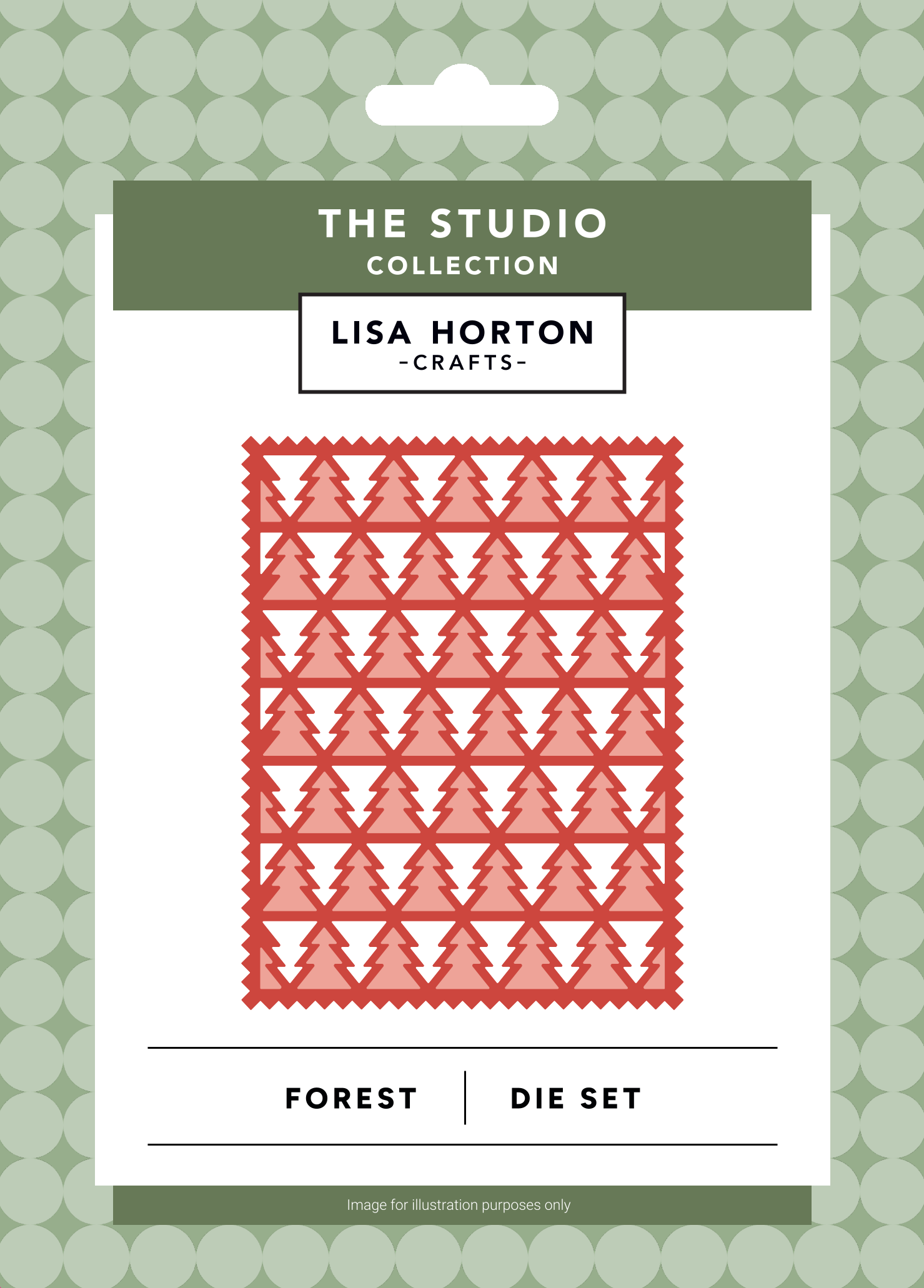 Lisa Horton Crafts 'Forest' Die Set packaging card from The Studio Collection, featuring a red and pink geometric pine tree pattern on a white card with green header and footer bands.