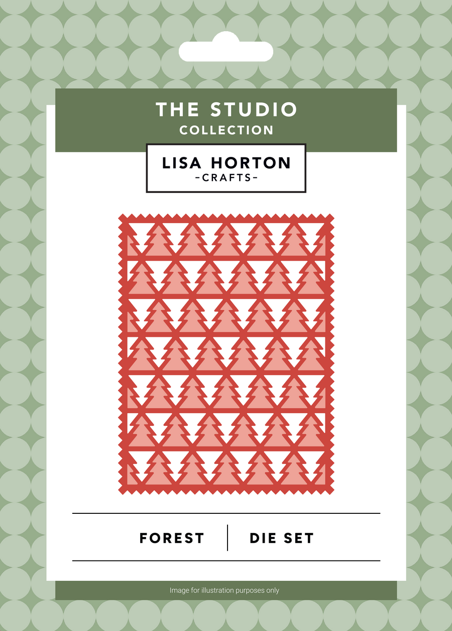 Lisa Horton Crafts 'Forest' Die Set packaging card from The Studio Collection, featuring a red and pink geometric pine tree pattern on a white card with green header and footer bands.