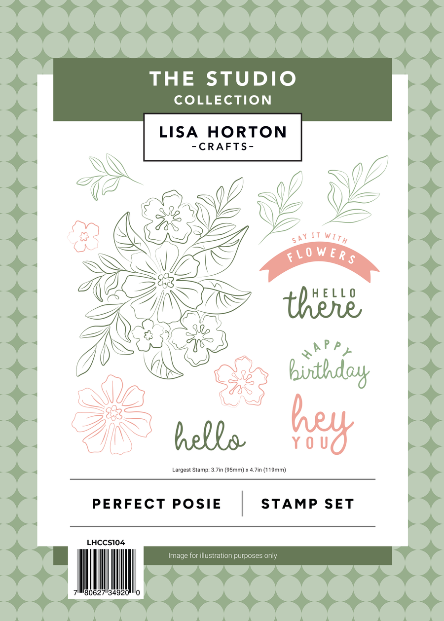 Lisa Horton Crafts 'The Studio Collection' Perfect Posie stamp set packaging, featuring floral line art stamps and text stamps like 'hello', 'there', and 'happy birthday' on a white card with a green patterned border.