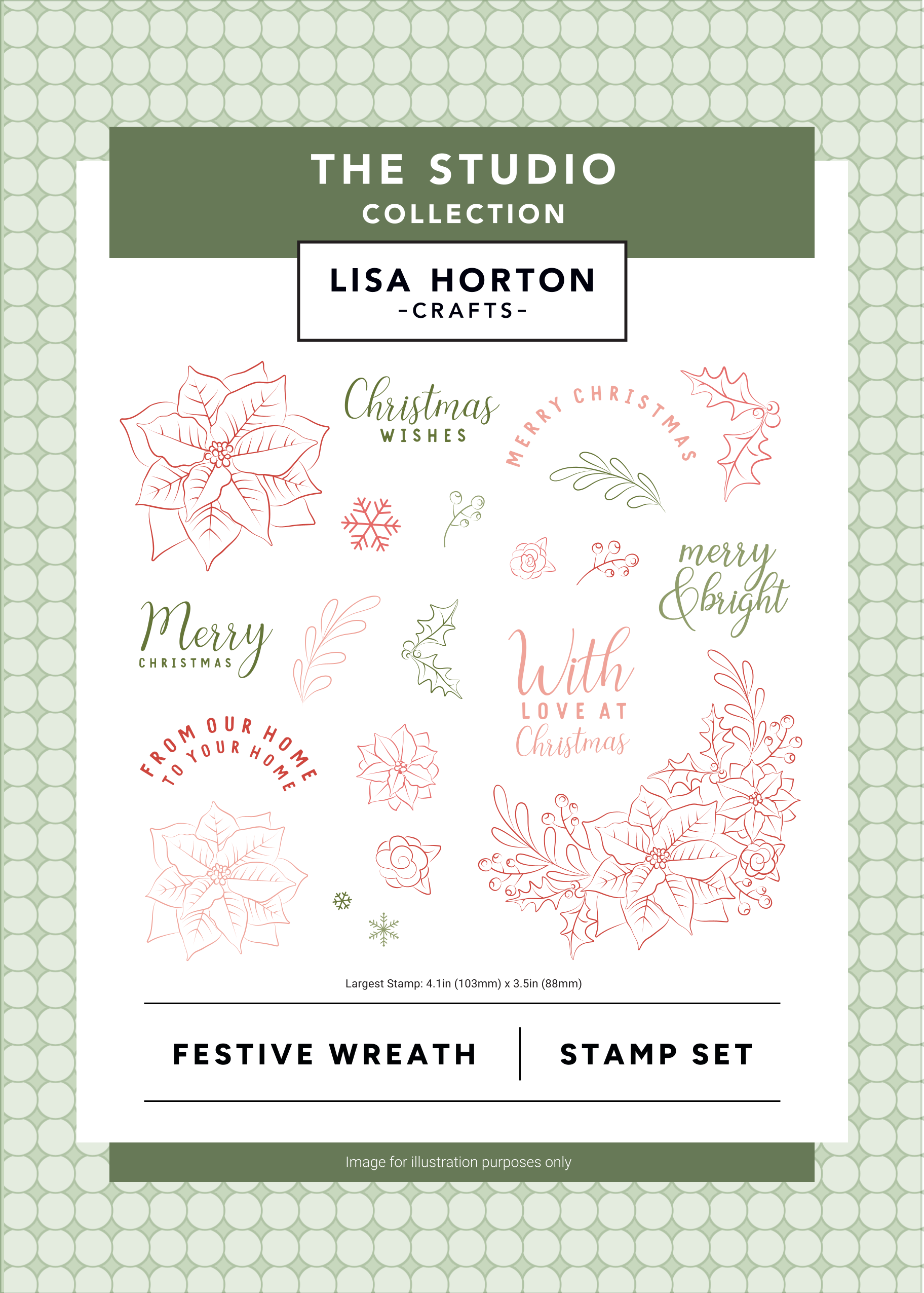 A product card for a stamp set from Lisa Horton Crafts called Festive Wreath Stamp Set, featuring festive Christmas-themed stamp designs including poinsettias, snowflakes, stars, and holiday phrases in red and green ink on a white background, framed by a green patterned border.
