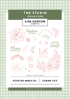 A product card for a stamp set from Lisa Horton Crafts called Festive Wreath Stamp Set, featuring festive Christmas-themed stamp designs including poinsettias, snowflakes, stars, and holiday phrases in red and green ink on a white background, framed by a green patterned border.