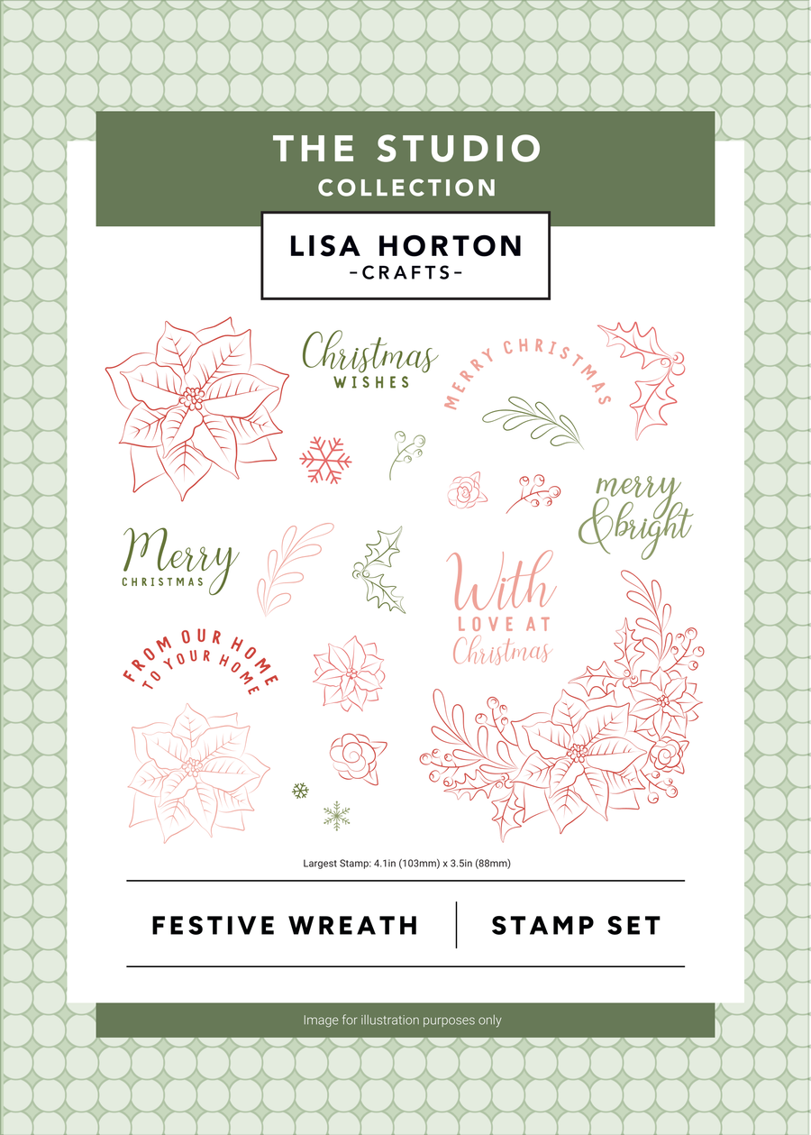 A product card for a stamp set from Lisa Horton Crafts called Festive Wreath Stamp Set, featuring festive Christmas-themed stamp designs including poinsettias, snowflakes, stars, and holiday phrases in red and green ink on a white background, framed by a green patterned border.