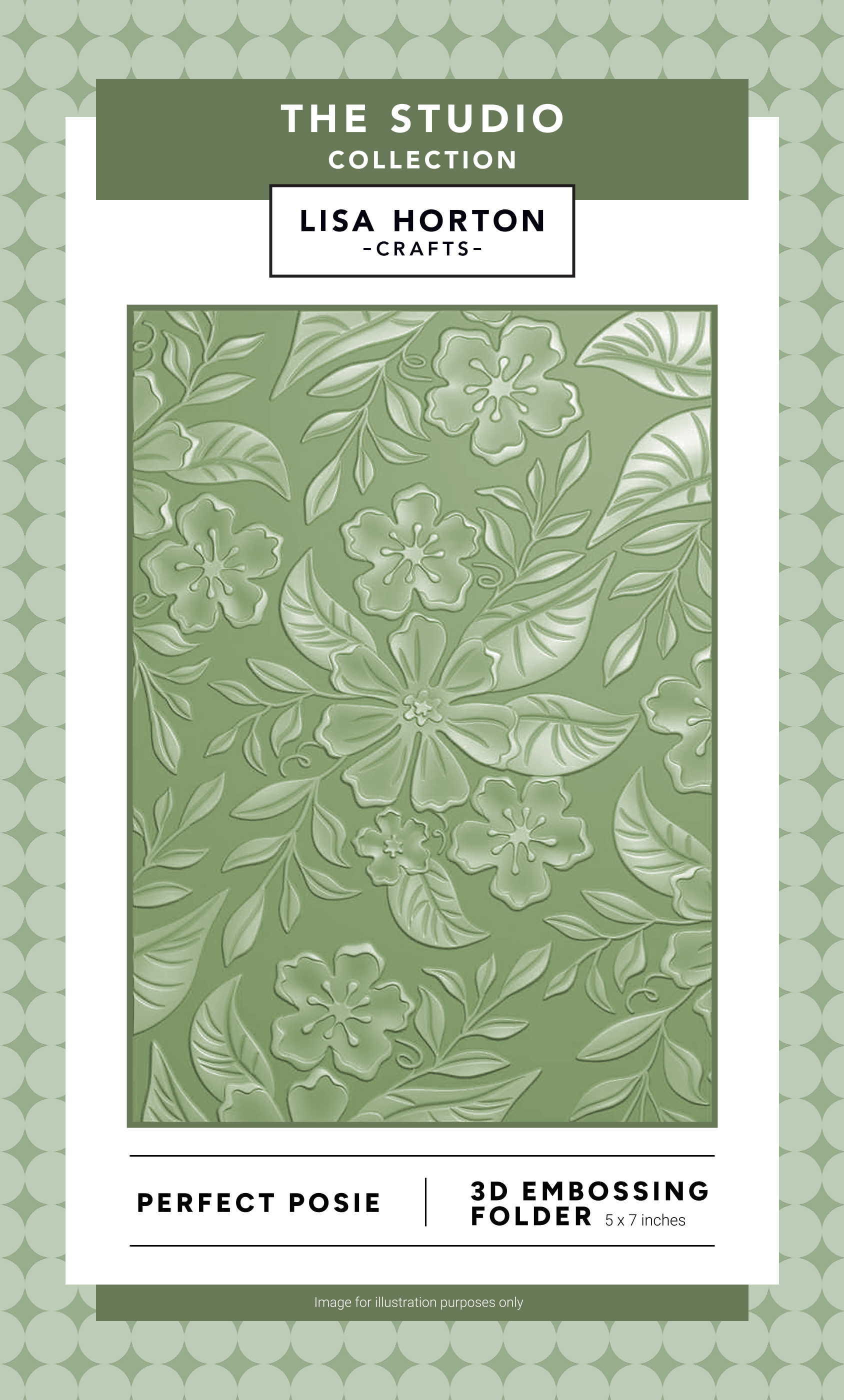Lisa Horton Crafts Perfect Posie 3D Embossing Folder from The Studio Collection, featuring a floral embossed pattern in sage green on a white backing card.