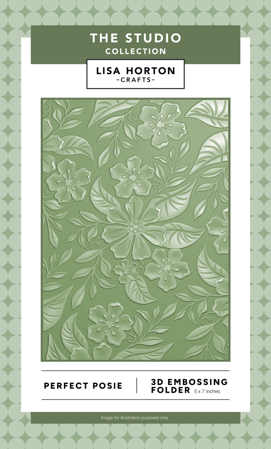 Lisa Horton Crafts Perfect Posie 3D Embossing Folder from The Studio Collection, featuring a floral embossed pattern in sage green on a white backing card.