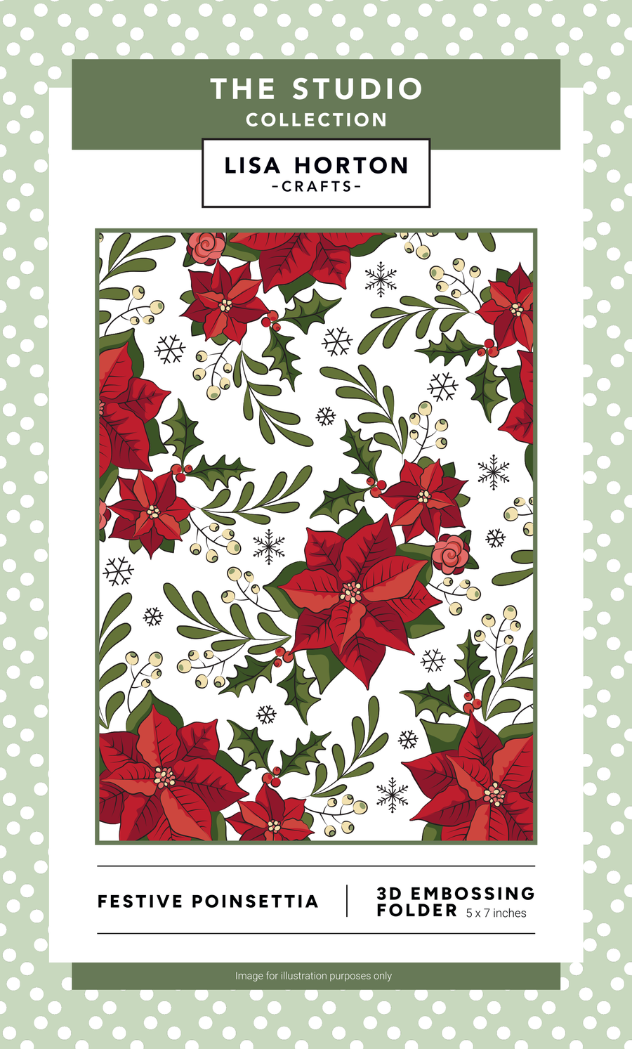 Product packaging for Lisa Horton Crafts Festive Poinsettia 3D embossing folder featuring a festive poinsettia pattern. The folder is presented on a white background with a green and white polka dot border.