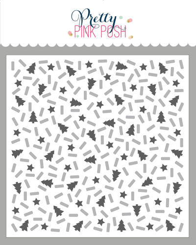A sheet of decorative stencils featuring a repeating pattern of small gray stars, tree shapes, and short dashes on a white background, with the brand name Pretty Pink Posh printed at the top. Pretty Pink Posh Layered Holiday Sprinkle Mix Stencils (2 Pack)