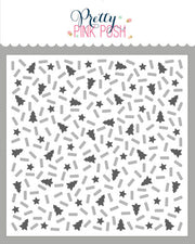 A sheet of decorative stencils featuring a repeating pattern of small gray stars, tree shapes, and short dashes on a white background, with the brand name Pretty Pink Posh printed at the top. Pretty Pink Posh Layered Holiday Sprinkle Mix Stencils (2 Pack)