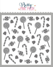 A sheet of candy-themed craft stencils gray swirl lollipops, striped cane-shaped candies, wrapped round candies, and small candy pieces on a white background, with the Pretty Pink Posh brand name at the top. Pretty Pink Posh Layered Sweet Candles Stencils (2 Pack)