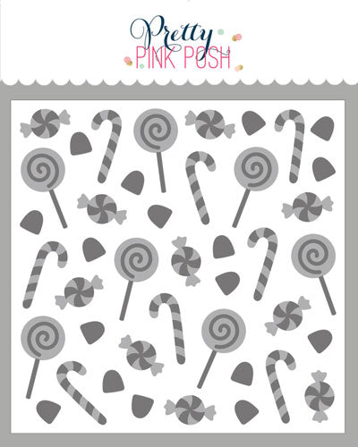 A sheet of candy-themed craft stencils gray swirl lollipops, striped cane-shaped candies, wrapped round candies, and small candy pieces on a white background, with the Pretty Pink Posh brand name at the top. Pretty Pink Posh Layered Sweet Candles Stencils (2 Pack)