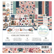 A 16-piece scrapbooking paper collection set from Mintay Papers, featuring various floral, rustic, and patterned sheets in a coordinated autumn color palette. The packaging displays a preview of the different paper designs and includes product details, barcode, and manufacturer information. Mintay Papers Cozy Days 12" x 12" Collection Set