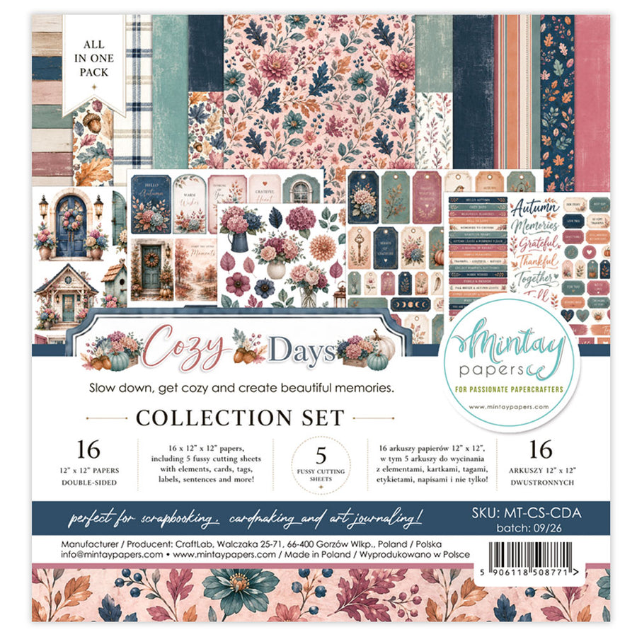 A 16-piece scrapbooking paper collection set from Mintay Papers, featuring various floral, rustic, and patterned sheets in a coordinated autumn color palette. The packaging displays a preview of the different paper designs and includes product details, barcode, and manufacturer information. Mintay Papers Cozy Days 12" x 12" Collection Set
