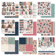 A collage of multiple printed scrapbook paper sheets and sticker/cutout designs from a fall-themed collection set. The designs feature autumn florals, stripes, plaids, labels, banners, and decorative motifs in muted pink, teal, navy, beige, and rust tones. Mintay Papers Cozy Days 12" x 12" Collection Set