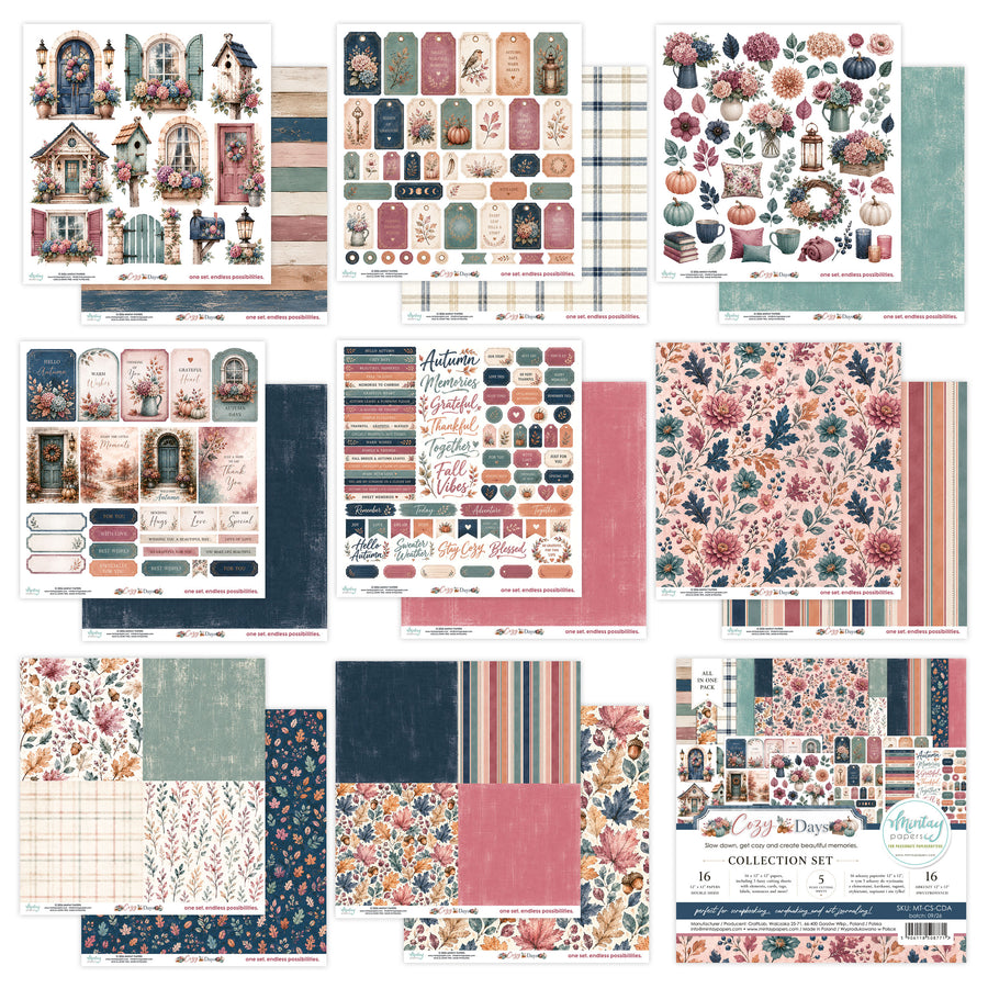 A collage of multiple printed scrapbook paper sheets and sticker/cutout designs from a fall-themed collection set. The designs feature autumn florals, stripes, plaids, labels, banners, and decorative motifs in muted pink, teal, navy, beige, and rust tones. Mintay Papers Cozy Days 12" x 12" Collection Set