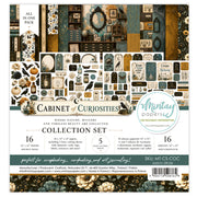 A 16-piece scrapbooking paper collection set titled 'Cabinet of Curiosities' by Mintay Papers. The sheet features a collage of vintage-themed patterns, illustrations, and text elements in a fall/winter aesthetic, including clocks, pumpkins, tarot cards, old books, and botanical elements.