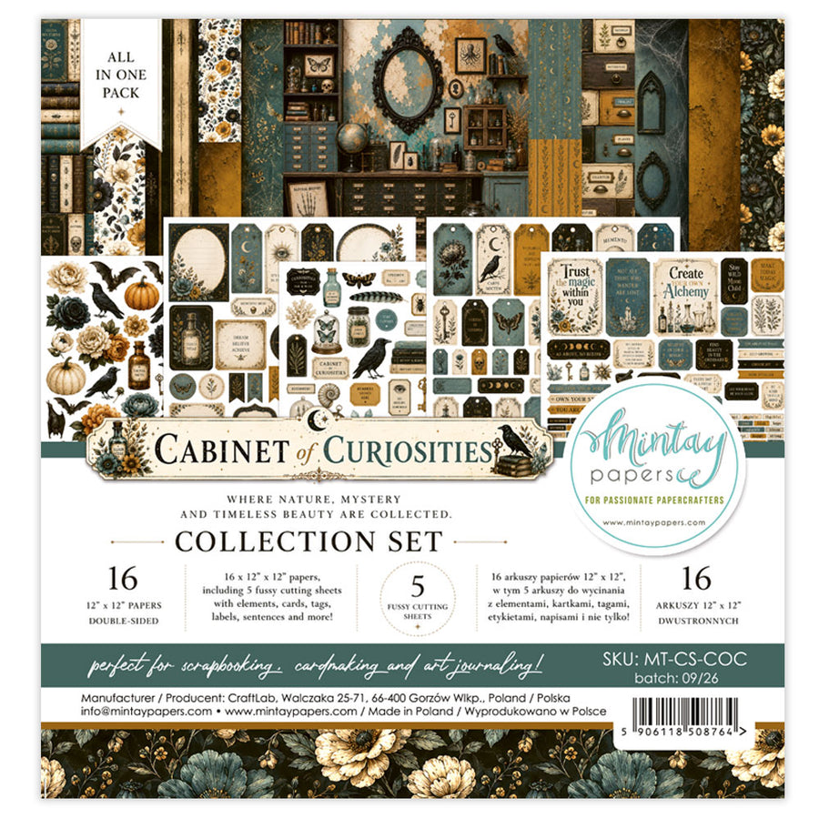 A 16-piece scrapbooking paper collection set titled 'Cabinet of Curiosities' by Mintay Papers. The sheet features a collage of vintage-themed patterns, illustrations, and text elements in a fall/winter aesthetic, including clocks, pumpkins, tarot cards, old books, and botanical elements.