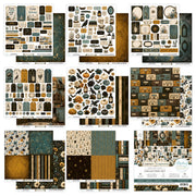 A collage showing multiple scrapbook paper and sticker sheets from a fall-themed collection set, featuring vintage labels, pumpkins, leaves, birds, and patterned papers in muted teal, brown, cream, and gold tones. Mintay Papers Cabinet of Curiosities 12" x 12" Collection Set