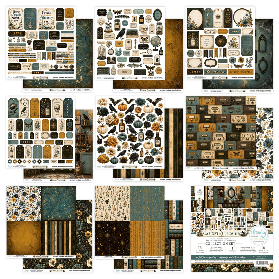 A collage showing multiple scrapbook paper and sticker sheets from a fall-themed collection set, featuring vintage labels, pumpkins, leaves, birds, and patterned papers in muted teal, brown, cream, and gold tones. Mintay Papers Cabinet of Curiosities 12" x 12" Collection Set